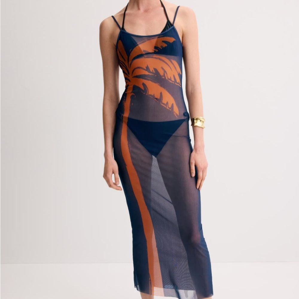 WeWoreWhat Navy and Orange Palm Swim Cover-Up